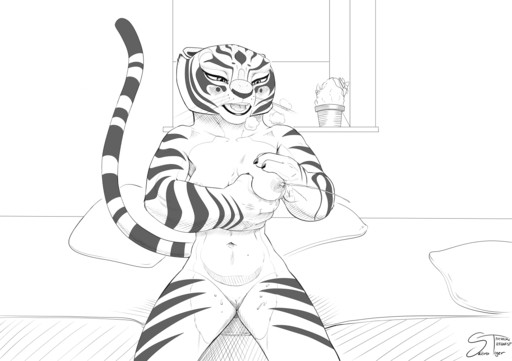 2021 anthro black_and_white bodily_fluids breast_squeeze breasts dreamworks felid female front_view genitals kung_fu_panda lactating line_art mammal master_tigress milk monochrome nude open_mouth pantherine portrait pussy sabrotiger sitting solo three-quarter_portrait tiger // 1530x1080 // 160.9KB