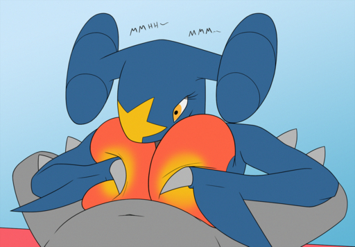 anthro barely_visible_genitalia barely_visible_penis big_breasts blue_background blue_body breast_play breasts creatiffy female garchomp genitals hi_res male malefemale penis pokemon_(species) sex simple_background titfuck video_games // 1600x1112 // 3.2MB