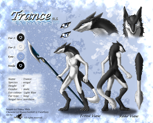 5:4 anthro biped blue_eyes darkgoose english_text fur holding_object holding_weapon male mammal model_sheet multiple_angles nude sergal side_view solo standing text weapon // 1200x960 // 820KB