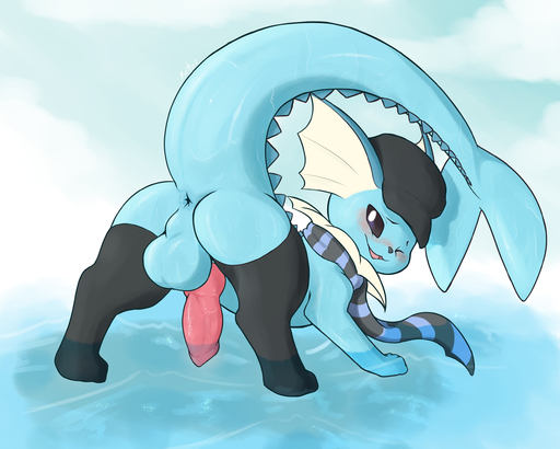 2019 animal_genitalia anus balls blush butt clothing digital_media_(artwork) eeveelution feral genitals hat headgear headwear hi_res ketei knot legwear looking_at_viewer male nintendo pokemon pokemon_(species) presenting presenting_hindquarters scarf solo stockings vaporeon video_games water wet // 2576x2063 // 2.7MB