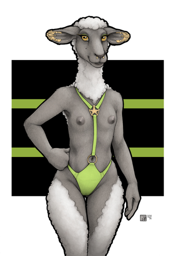 2018 anthro areola bovid breasts caprine clothed clothing domestic_sheep ear_piercing ecmajor exposed_breasts female flat_chested hi_res looking_at_viewer mammal nipples piercing sheep simple_background solo teeth underwear // 1011x1479 // 975KB