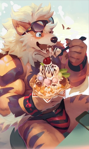2017 anthro anthrofied arcanine biceps big_muscles biped black_body black_fur black_nose blue_eyes bodily_fluids bulge canid canine cherry claws clothed clothing dessert eyewear fangs food fruit fur generation_1_pokemon glasses hair humanoid_pointy_ears ice_cream jockstrap male mammal muscular muscular_anthro muscular_male neck_tuft nipples null-ghost open_mouth orange_body orange_fur outside pattern_clothing pattern_underwear pecs plant pokemon_(species) pokemorph sitting solo striped_clothing striped_underwear stripes sweat teeth tongue tongue_out topless tuft underwear video_games white_body white_fur wristband // 599x1000 // 90.5KB