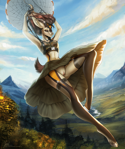 2019 antelope anthro biped black_body black_fur black_horn bottomwear bovid brown_body brown_fur brown_tail clothing cloud crop_top day detailed_background digital_media_(artwork) dress eyelashes female fingerless_(marking) fur gazelle genitals grass harness hooves horn legwear long_legs mammal mountain multicolored_body multicolored_fur navel outside parachute plant pussy shirt short_tail skirt sky smile solo stockings suspended_in_midair thigh_highs topwear tree upskirt white_body white_fur yasmil yellow_body yellow_fur zahra_(airheart) // 941x1123 // 1.7MB