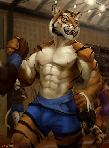 2017 5_fingers abs anthro biceps big_muscles black_body black_fur black_stripes bottomwear brown_body brown_fur bulge chunie clothed clothing detailed_background detailed_bulge digital_media_(artwork) fangs felid fingers front_view fur furgonomics genital_outline green_eyes group gym hi_res holding_object humanoid_hands inside looking_aside male mammal multicolored_body multicolored_fur muscular muscular_male navel nipples open_mouth open_smile orange_body orange_fur pantherine partially_clothed pecs penis_outline pink_nipples pink_nose public scar shorts smile solo_focus standing striped_body striped_fur stripes tail_clothing tallyhawk_(tallyhawk) teeth tiger tight_clothing tongue topless triceps vein whiskers white_body white_fur wrestling_singlet wristband // 946x1280 // 586.2KB