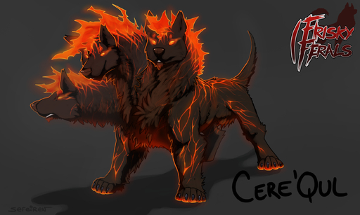 3_heads 5:3 abstract_background canid canid_demon canine canis cerberus cere'qul_(rokoka) chest_tuft claws conditional_dnp demon domestic_dog facial_hair feral fire flaming_hair flaming_mane fur glowing glowing_eyes goatee hellhound hi_res hindpaw lava logo male mammal monster multi_head orange_eyes paws pseudo_hair pseudo_mane quadruped raised_tail sefeiren shadow simple_background solo teeth tuft unknown_species // 2420x1452 // 1.5MB