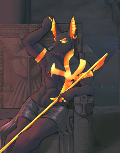 2015 abs ankh anthro anubian_jackal anubis athletic biceps biped black_body black_fur black_nipples black_nose canid canine canis chair clothed clothing deity digital_media_(artwork) ear_piercing egyptian fur furniture glowing glowing_eyes gold_(metal) jackal male mammal muscular muscular_anthro nipple_piercing nipples pecs piercing rick_griffin sitting solo tattoo throne topless // 661x839 // 401.7KB