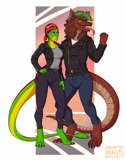 2019 4_toes anthro araivis-edelveys clothed clothing digital_media_(artwork) dragon duo feet female green_eyes green_hair hair hi_res male open_mouth red_eyes reptile scalie smile snake teeth toes tongue // 1006x1280 // 171.1KB