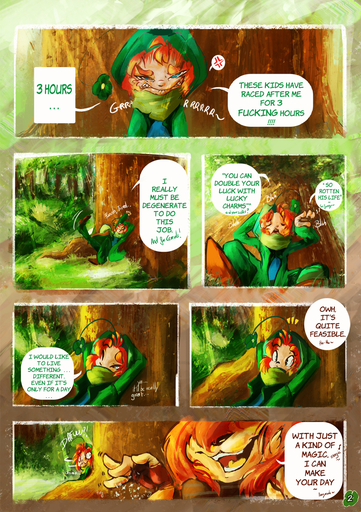 angry anthro blue_eyes clothing comic detailed_background english_text female forest grass hair hat headgear headwear hi_res human kangaroo lucky_the_leprechaun macropod male mammal marsupial mascot outside plant profanity red_hair scarf smile spirale spirale_(character) text tree // 1022x1450 // 1.6MB