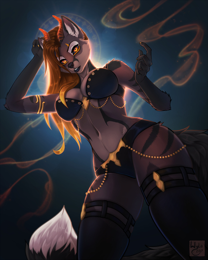 2017 4:5 anthro armlet black_sclera bra breasts canid canine claws clothed clothing demon digital_media_(artwork) female fox fur gold_claws halo hi_res horn legwear lingerie looking_at_viewer mammal orange_eyes panties serin shaded simple_background smoke solo stockings traditional_halo underwear wyla // 1024x1280 // 947.9KB