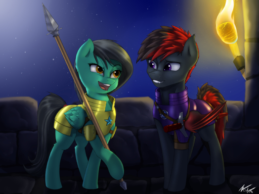 2014 4:3 armor bat_pony digital_media_(artwork) duo equid equine fan_character feathered_wings feathers female feral hasbro hi_res horse hybrid male mammal melee_weapon my_little_pony oceansong pegasus polearm pudgeruffian shadowstitch spear sword weapon wings // 2400x1800 // 2.8MB