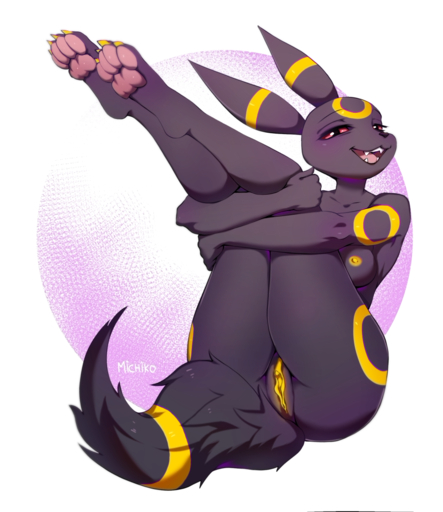 anthro breasts canid canine eeveelution female fur genitals happy invalid_tag laugh legs_up looking_at_viewer mammal michikochan nintendo nipples nude paws pinup pokemon pokemon_(species) pose pussy red_sclera solo umbreon video_games // 1000x1157 // 903.5KB