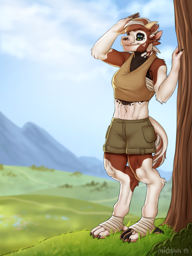 2019 3:4 anthro breasts canid canine canis clothed clothing day detailed_background digital_media_(artwork) dinosaur domestic_dog feet female fingers grass horn hybrid mammal midriff miosha multi_eye navel outside plant reptile scalie sky solo toes // 750x1000 // 988.5KB