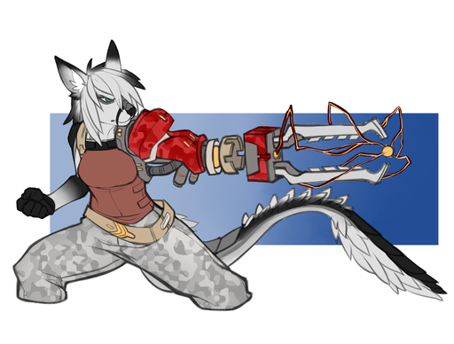 2016 5_fingers absurd_res anthro canid canine clothed clothing cybernetics digital_media_(artwork) faint female fingers fur hair hi_res laser_gun machine mammal ranged_weapon simple_background solo standing weapon // 3300x2500 // 1.9MB