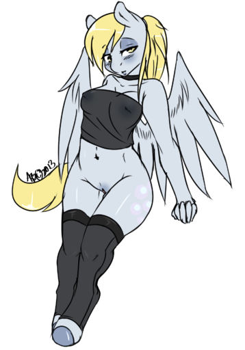 2013 anthro anthrofied avante92 blonde_hair blush breasts clothing cutie_mark derp_eyes derpy_hooves_(mlp) equid equine feathered_wings feathers female genitals grey_body grey_feathers hair hi_res horse legwear looking_at_viewer mammal navel pegasus ponytail pussy shirt simple_background solo standing stockings topwear white_background wings yellow_eyes // 1400x2000 // 672.6KB