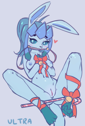 <3 anthro bdsm bit_gag blue_background blue_body blue_hair blush bondage bound candy candy_cane dessert eeveelution female food gag gagged genitals glaceon glacy_(waffl3sk4t) hair hi_res looking_at_viewer navel pokemon_(species) pokemorph pussy simple_background solo spread_legs spreading ultrabondagefairy video_games wrists_tied // 1018x1500 // 338.0KB