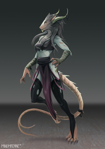 anthro buckteeth claws clothed clothing fangs female fur grey_hair hair hi_res horn mammal mindmachine murid murine orange_eyes partially_clothed pose rat rodent skaven solo spiked_tail spikes spikes_(anatomy) standing teeth white_body white_fur wraps // 905x1280 // 155.5KB