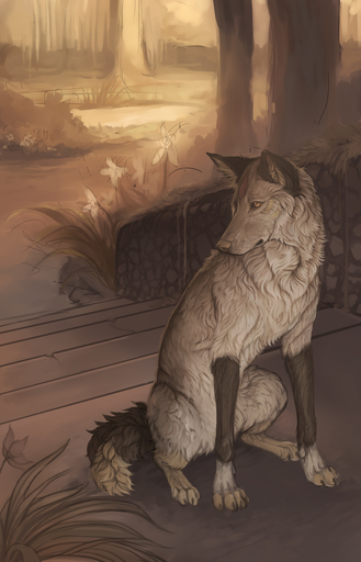 2016 ambiguous_gender canid canine canis day detailed_background digital_media_(artwork) domestic_dog forest fur hi_res mammal outside plant shwonky sitting sketch solo tan_body tan_fur tree // 1024x1592 // 1.3MB