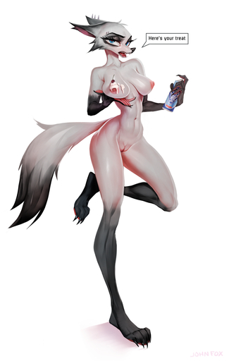anthro athletic athletic_anthro athletic_female black_body black_fur blue_eyes breasts canid canine cherry chloe_(johnfoxart) dairy_products ear_piercing english_text eyebrow_piercing facial_piercing female food fox fruit fur genitals hi_res johnfoxart mammal on_one_leg piercing plant pussy solo speech_bubble standing text whipped_cream white_body white_fur // 812x1280 // 415.5KB