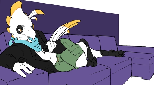 3_toes absurd_res anthro avian bird clothed clothing feet fully_clothed furniture hi_res lying male on_side robin_(otterjunk) scutes securipun sofa solo toes // 3600x2000 // 267.0KB