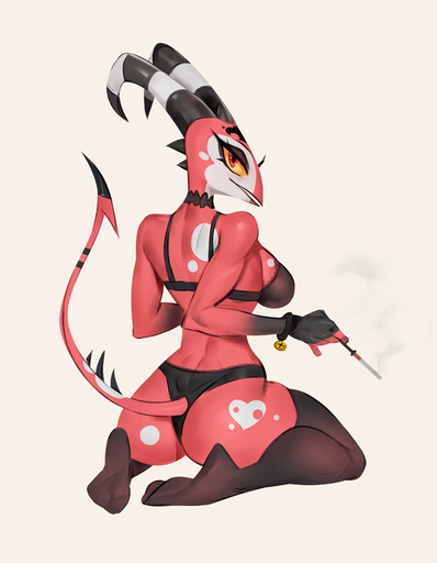 2022 blitzo_(helluva_boss) bra breasts butt clothed clothing crossgender demon female hi_res horn humanoid imp johnfoxart kneeling looking_back mtf_crossgender not_furry panties red_body red_eyes solo underwear yellow_sclera // 994x1280 // 1.0MB