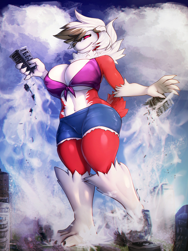 3:4 anthro big_breasts blue_bottomwear blue_clothing blue_shorts bottomwear breasts clothing cloud destruction female fur general-irrelevant hi_res holding_building lycanroc macro midnight_lycanroc navel outside pink_sclera pokemon_(species) red_body red_fur shorts smile solo standing video_games white_body white_fur // 1080x1440 // 900.0KB