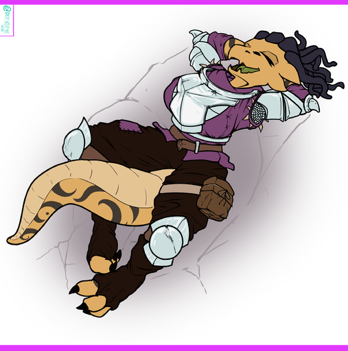absurd_res anthro armor breasts chainmail claws clothed clothing dep dragon dragonborn dreadlocks eyes_closed female fully_clothed hair hands_behind_head hi_res kobold letterbox lying non-mammal_breasts scalie simple_background smile solo t'ava_(dashoon) tail_between_legs // 2443x2466 // 2.1MB