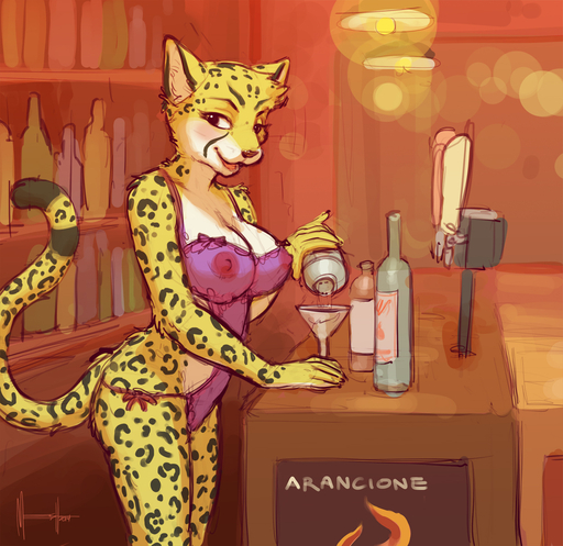 2014 alcohol anthro bar beverage biped blush breasts cheetah cleavage clothed clothing digital_media_(artwork) felid feline female food hi_res lingerie looking_at_viewer mammal meesh nipples sketch skimpy solo standing translucent translucent_clothing // 1235x1200 // 857.1KB