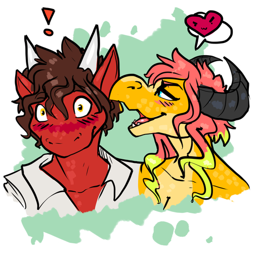 ! 1:1 <3 >:3 amber_eyes anthro blue_eyes blush breasts brown_hair bust_portrait cleavage clothed clothing colored_sketch digital_media_(artwork) dragon duo female fivel flustered hair horn male mischievous multicolored_hair open_mouth pink_hair portrait pyron romantic romantic_couple scalie shani shirt topwear whispering // 900x900 // 311.3KB
