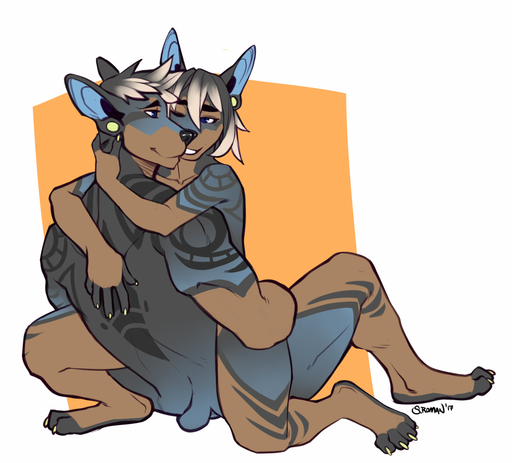 anthro canid canine canis cuddling dobermann domestic_dog duo embrace faint female hair hug intraspecies male malefemale mammal markings muscular nude one_eye_closed pinscher selfcest simple_background slayte smile square_crossover // 1000x904 // 345.1KB