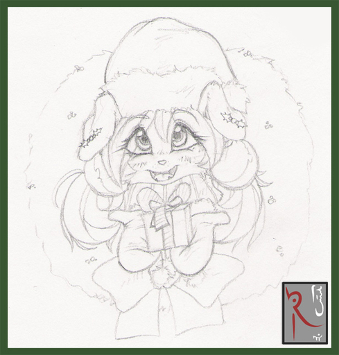 anthro canid canine canis christmas christmas_clothing christmas_headwear clothed clothing domestic_dog female fluff-kevlar gift graphite_(artwork) handwear hat headgear headwear holding_gift holding_object holidays mammal mittens offering_gift offering_to_viewer pencil_(artwork) ribbons santa_hat simple_background sketch solo traditional_media_(artwork) white_background // 616x645 // 104.4KB