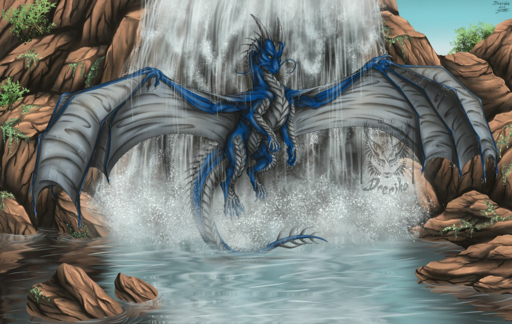 2019 4_toes claws day detailed_background digital_media_(artwork) dragon drerika feet feral hi_res horn male membrane_(anatomy) membranous_wings outside partially_submerged scales scalie solo spines toes water waterfall western_dragon wings // 1600x1014 // 2.4MB