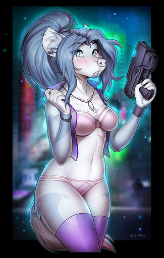 anthro areola blue_areola blue_eyes blue_hair blue_markings blurred_background bra bracelet breasts chest_tuft city cityscape cleavage clothed clothing digital_media_(artwork) f-r95 female fur gun hair holding_gun holding_object holding_weapon hyaenid inner_ear_fluff jewelry legwear looking_aside mammal markings medium_breasts midriff navel necklace night outside panties pink_bra pink_clothing pink_panties pink_underwear portrait purple_clothing purple_thigh_highs purple_topwear ranged_weapon shaded solo standing teeth thigh_highs three-quarter_portrait tied_hair topwear translucent translucent_clothing translucent_topwear tuft underwear weapon white_body white_fur white_nose // 698x1100 // 994.2KB