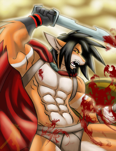 action_pose anthro battle blood blood_on_clothing bodily_fluids canid canine cape clothed clothing faint fox holding_object holding_sword holding_weapon kopis male mammal melee_weapon pose shield skech_(character) skimpy solo spartan_(roman) spartan_armor_(roman) sword warrior weapon // 500x647 // 124.4KB