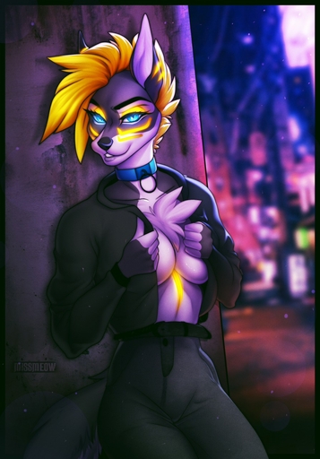 anthro blue_eyes breasts canid canine canis catherinemeow clothed clothing detailed_background female fluffy fluffy_tail fur hair hi_res mammal multicolored_body multicolored_fur open_mouth open_smile orange_hair purple_body purple_fur smile solo teeth two_tone_body two_tone_fur wolf // 893x1280 // 186.2KB