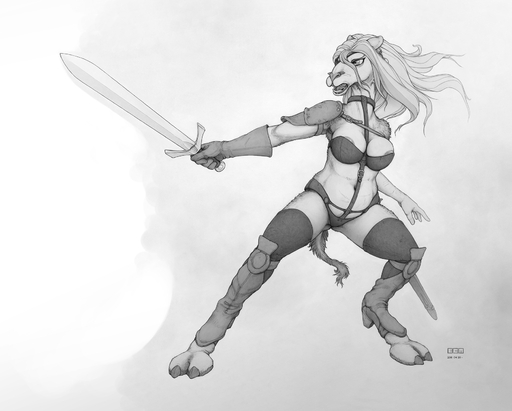 2018 anthro areola armor black_and_white breasts camel camelid digital_media_(artwork) ecmajor female fur hair heavy_metal hi_res holding_object holding_sword holding_weapon hooves mammal melee_weapon monochrome nipple_slip open_mouth simple_background solo sword taarna teeth unconvincing_armor weapon // 1680x1350 // 1.3MB