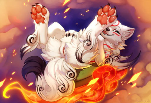 2021 amaterasu ankle_tuft anus bodypaint butt_tuft canid canine canis cheek_tuft claws clitoral_hood clitoris deity digital_drawing_(artwork) digital_media_(artwork) dipstick_tail english_text facial_markings facial_tuft female feral fire floating fluffy fluffy_paws fluffy_tail fur genitals hand_on_stomach head_markings hioshiru inner_ear_fluff leg_tuft lying mammal markings neck_tuft on_back open_mouth paw_on_stomach pawpads paws presenting pussy quadruped shoulder_tuft smile smoke smug solo tail_markings teeth text tuft video_games weapon white_body white_fur wolf // 1280x877 // 1.5MB