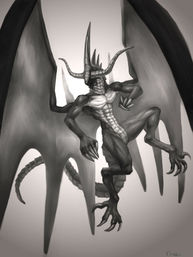 2014 3:4 abs anthro bahamut biceps claws digitigrade dragon flying hi_res horn klongi male membrane_(anatomy) membranous_wings monochrome muscular muscular_anthro muscular_male nude open_mouth pecs pose scalie simple_background solo video_games western_dragon wings // 960x1280 // 125.8KB
