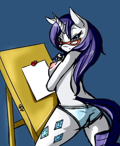 anthro anthrofied avante92 breasts butt clothed clothing cutie_mark easel equid equine eyewear female glasses horn horse looking_at_viewer mammal nipples panties rarity_(mlp) side_boob solo topless underwear unicorn // 768x934 // 402.1KB