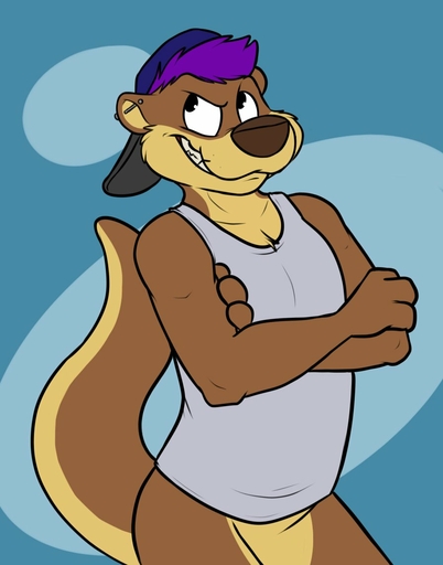 4_fingers abstract_background anthro arched_back backwards_baseball_cap backwards_hat baseball_cap blue_background bottomless brown_body brown_fur brown_nose brown_tail chance_(thatfuckinotter) cheek_tuft clothed clothing countershade_face countershade_tail countershade_torso countershading crossed_arms ear_piercing eyebrows facial_tuft featureless_crotch fingers flat_colors fur grey_clothing grey_topwear grin hair hat headgear headwear industrial_piercing looking_aside lutrine male mammal multicolored_body multicolored_fur mustelid piercing purple_hair raised_tail rotten_robbie shirt short_hair simple_background smile solo standing tan_body tan_countershading tan_fur tan_tail tank_top topwear tuft two_tone_body two_tone_fur two_tone_tail whiskers // 897x1142 // 78.0KB
