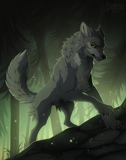 2018 ambiguous_gender black_nose canid canine canis claws detailed_background digital_media_(artwork) feral fur green_eyes grey_body grey_fur hi_res hioshiru looking_at_viewer mammal paws rock smile solo tsume_(wolf's_rain) wolf // 1013x1280 // 989.5KB