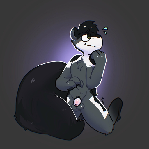absurd_res anthro averted_gaze balls black_markings bodily_fluids chastity_device cheek_tuft chest_tuft facial_tuft fluffy fluffy_tail fur genitals grey_background grey_body grey_fur grey_pawpads half-closed_eyes hi_res humanoid_genitalia kneeling male male_chastity_device mammal markings narrowed_eyes nude pawpads paws rodent sciurid shy simple_background smile solo sweat sweatdrop the_xing1 tree_squirrel tuft white_markings // 3000x3000 // 249.7KB