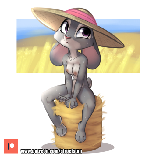 absurd_res anthro areola bodily_fluids breasts clothing female front_view full-length_portrait hat hat_only hay hay_bale headgear headgear_only headwear headwear_only hi_res judy_hopps lagomorph leporid looking_up mammal mostly_nude nipples portrait purple_eyes rabbit siroc sitting solo straw_hat sweat sweaty_breasts sweaty_legs sweaty_thighs // 2676x2668 // 2.7MB