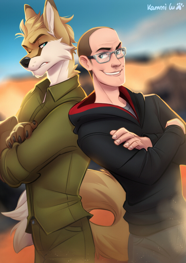 2020 5_fingers anthro canid canine canis clothed clothing day detailed_background digital_media_(artwork) domestic_dog duo eyewear fingers glasses green_eyes human kammi-lu male mammal outside sky // 707x1000 // 693KB