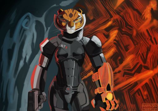 2021 abstract_background anthro armor breasts clothed clothing crossover felid female gun mammal master_tigress n7 omnitool pantherine ranged_weapon red_eyes sabrotiger small_breasts solo tiger video_games weapon whiskers yellow_sclera // 1280x904 // 267.0KB
