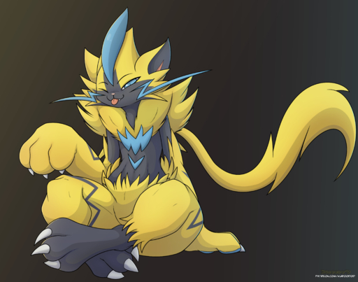 2020 3_toes absurd_res ambiguous_gender anthro blue_eyes claws crossed_legs cute_fangs digital_media_(artwork) featureless_crotch feet felid feline fur gradient_background hi_res kuroodod legendary_pokemon mammal multicolored_body nintendo one_eye_closed pokemon pokemon_(species) simple_background sitting solo thin_eyebrows toes tongue tongue_out video_games yellow_body yellow_fur zeraora // 4720x3712 // 3.5MB