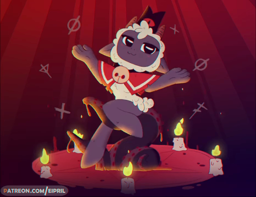 2022 animated anthro candlelight cloak clothing demon eipril female lamb_(cult_of_the_lamb) light no_sound pattern_background pentagram short_playtime simple_background solo tentacles webm // 932x720, 5.8s // 594.0KB