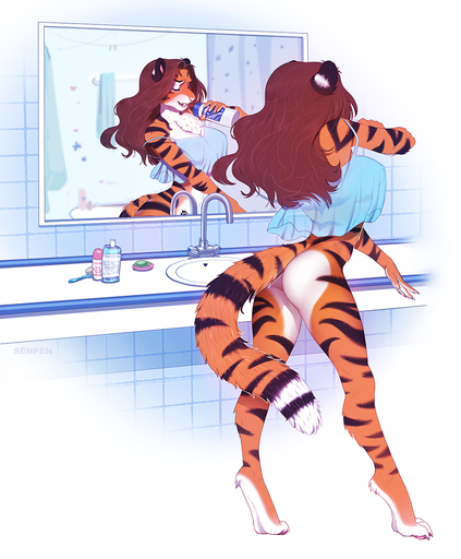 alex_marx anthro bathroom bottomless breasts brown_hair butt butt_focus chest_tuft clothed clothing digital_media_(artwork) digitigrade eyes_closed fangs felid female fur hair hi_res mammal mirror mirror_reflection multicolored_body multicolored_fur nipples open_mouth orange_body orange_fur pantherine paws presenting presenting_hindquarters rear_view reflection sabertooth_(anatomy) simple_background singing smile solo story_at_source striped_body striped_fur stripes tiger toeless_(marking) translucent translucent_clothing translucent_topwear tuft white_body white_fur xngfng95 // 1058x1280 // 1007.2KB