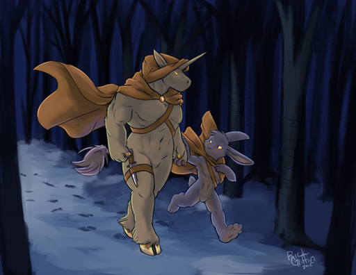 2015 anthro barefoot biceps cape cape_only clothing detailed_background digitigrade duo equid equine featureless_crotch feet fluffy fluffy_tail forest fur glowing glowing_eyes gold_(metal) gold_hooves grey_body grey_fur harness hooves horn horse humanoid_feet humanoid_pointy_ears knife lagomorph larger_male leporid long_ears looking_back male mammal mostly_nude muscular muscular_male navel night outside pecs plant plantigrade rabbit rick_griffin running short_tail signature size_difference smaller_male snow tan_body tan_fur tree unicorn yellow_eyes // 990x765 // 554.1KB