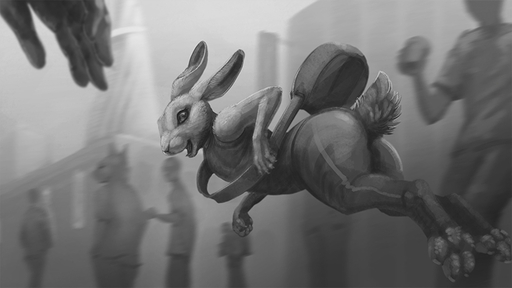 16:9 2020 anthro blurred_background butt clothed clothing detailed_background fully_clothed greyscale group ipoke lagomorph leporid light lighting male mammal midair monochrome rabbit solo_focus widescreen // 800x450 // 125.7KB