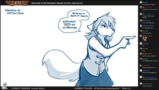 2017 absurd_res annoyed anthro black_border border breaking_the_fourth_wall canid canine canis chat chat_box claws clothed clothing conditional_dnp dialogue english_text female gesture hair half-closed_eyes hi_res humor keidran livestream mammal meta monochrome narrowed_eyes natani pointing pouting simple_background sketch solo text tom_fischbach twokinds webcomic webcomic_character white_background wolf // 4696x2659 // 2.8MB